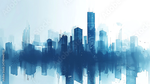 Blue Urban Skyline with Abstract Cityscape and Skyscrapers  Illustration Business District Design