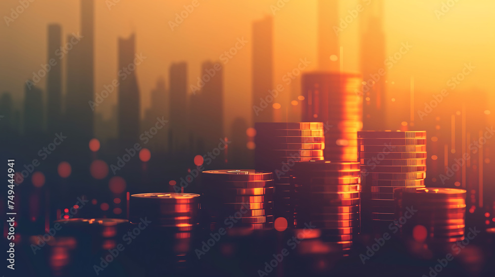 stack coins on orange background, double exposure, finance, business, money, banner