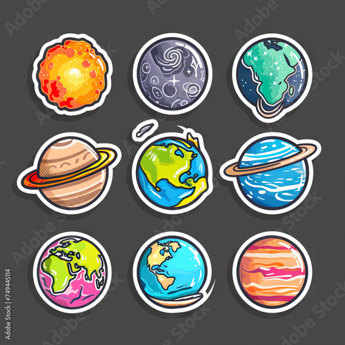 Earth, Planet, and Galaxy Sticker Collection. Multiple. Vector Icon Illustration. Icon Concept Isolated Premium Vector.