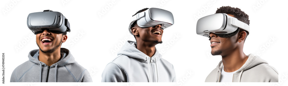 Fototapeta premium Young person wearing an augmented virtual reality headset standing isolated on transparent background.