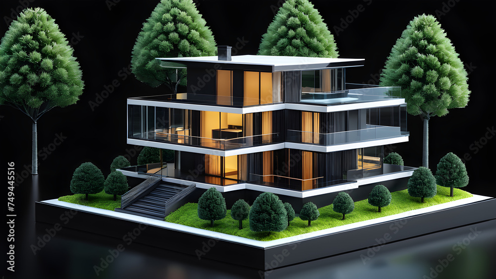 architectural model of a modern house with miniature trees on a black ...