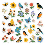 Birds, Bee, Flower, Garden Sticker Collection. Multiple. Vector Icon Illustration. Icon Concept Isolated Premium Vector. 