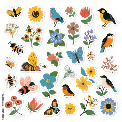 Birds  Bee  Flower  Garden Sticker Collection. Multiple. Vector Icon Illustration. Icon Concept Isolated Premium Vector. 