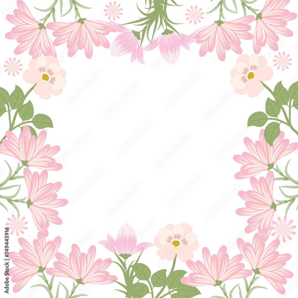 Vector frame with abstract pink flowers and leaves on white background for wedding,quotes, Birthday and invitation cards,greeting cards, print, blogs