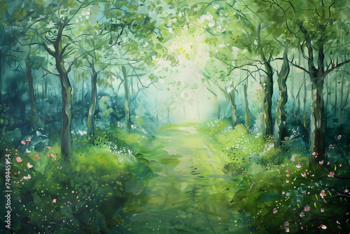 Green forest in spring. Nature background acrylic painting. Generative AI.