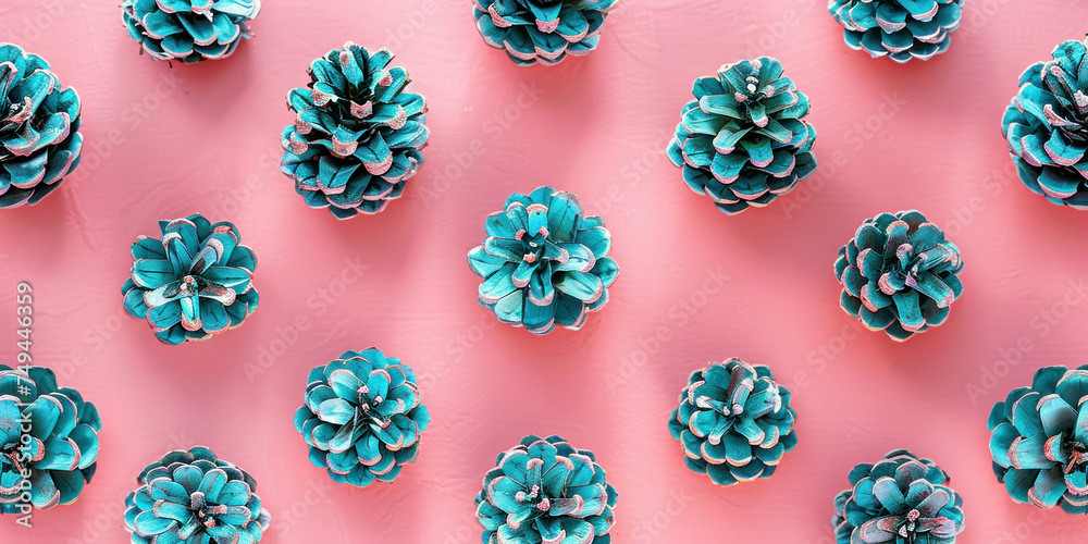 Fototapeta premium Bright and colorful pine cones arranged in a geometric pattern on a vibrant pink background