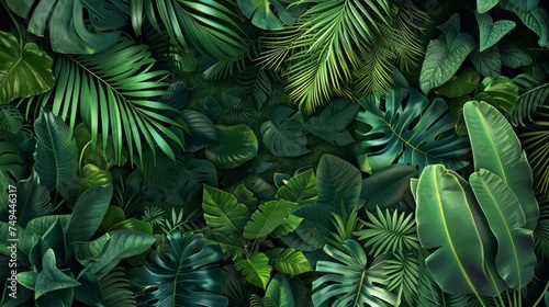 Lush green leaves fill the frame  creating a vibrant nature background Artistic composition of an assortment of tropical plants with featuring different textures and shades of green  for a botanical 