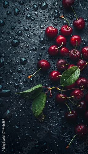 Red fresh cherry and green leaves in water drops on a black background surface, Berry wallpaper