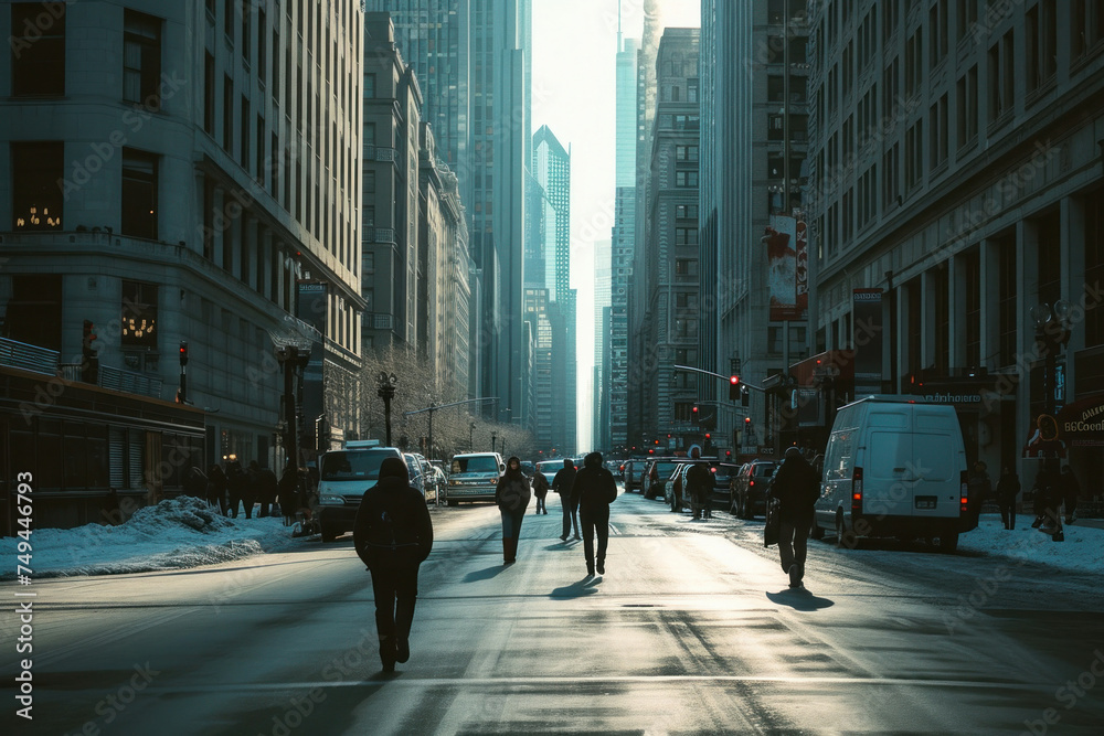 Obraz premium Urban hustle and bustle pedestrians walking down a busy city street with skyscrapers in the background