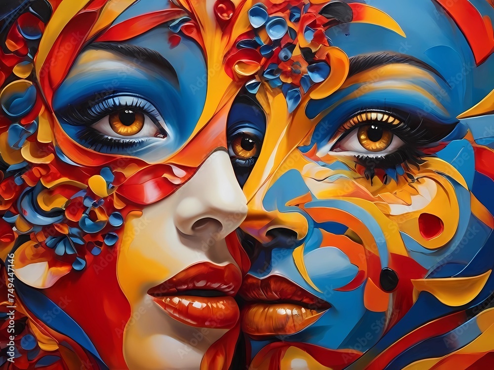 Faces of surreal colors with splashes of yellow, red, white, blue, and black.	
