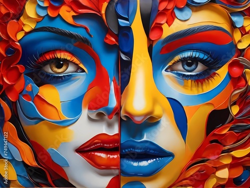 Faces of surreal colors with splashes of yellow, red, white, blue, and black. 