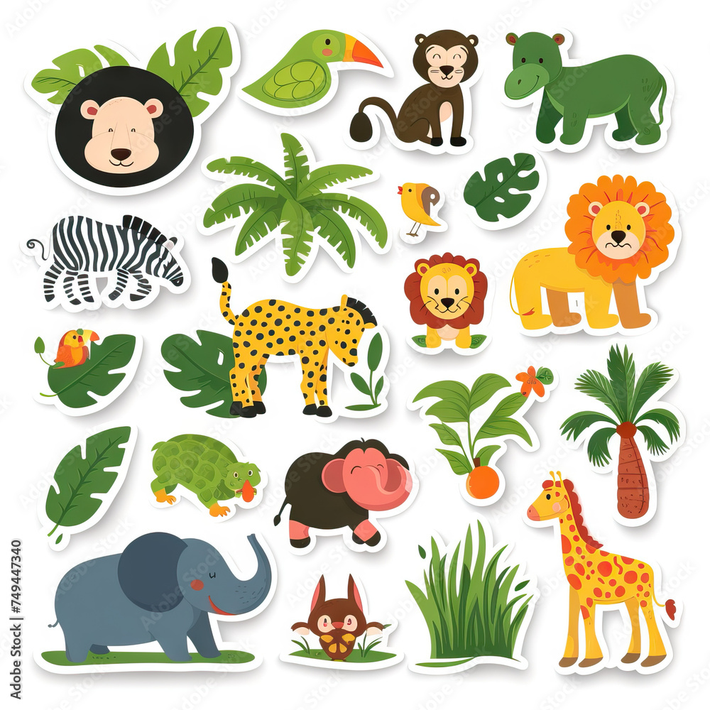 Naklejka premium Jungle Animals. Sticker Collection. Multiple. Vector Icon Illustration. Icon Concept Isolated Premium Vector. 