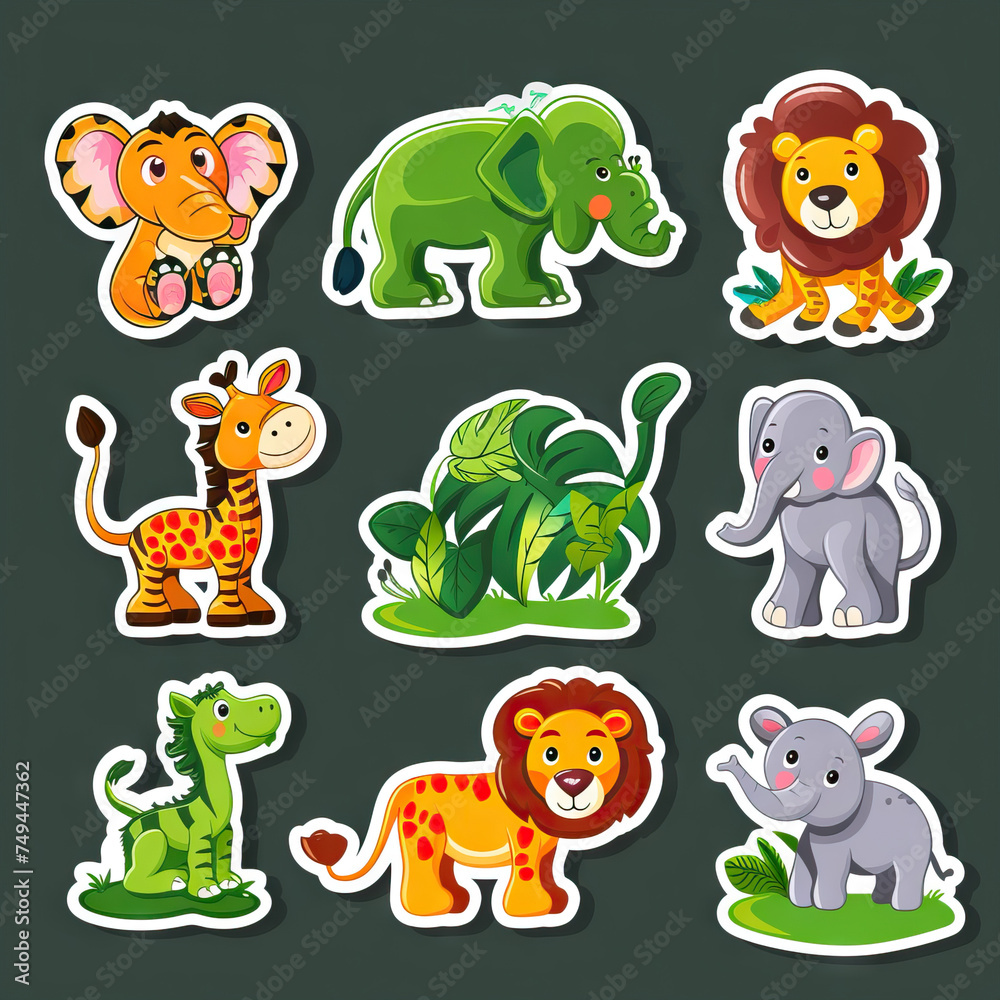 Obraz premium Jungle Animals. Sticker Collection. Multiple. Vector Icon Illustration. Icon Concept Isolated Premium Vector. 