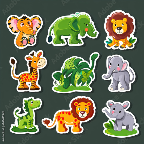Jungle Animals. Sticker Collection. Multiple. Vector Icon Illustration. Icon Concept Isolated Premium Vector. 
