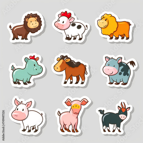 Farm Animals. Sticker Collection. Multiple. Vector Icon Illustration. Icon Concept Isolated Premium Vector. 