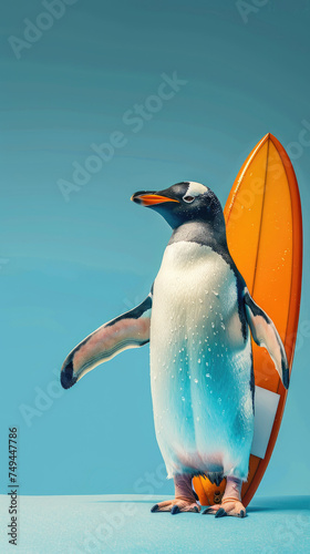 Penguin with surfboard on blue background - A charming penguin standing confidently with a vibrant orange surfboard against a cool blue backdrop