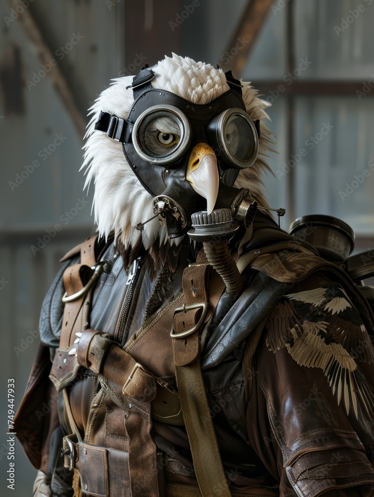 Steampunk eagle with goggles and leather jacket - A fantastical steampunk-inspired eagle character dons goggles and a leather jacket, embodying adventure and innovation