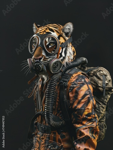 Stylized Tiger with Gas Mask and Gear - A tiger depicted with stylistic precision wearing a gas mask and equipped with survival gear