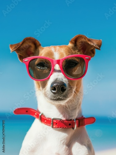 Terrier with red sunglasses looking away - An adorable Terrier with red sunglasses looks away, evoking thoughts of anticipation and mystery © Mickey