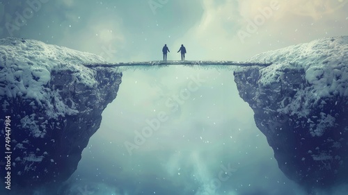 Two people on a snowy bridge between cliffs - A serene snowy landscape with a narrow bridge connecting two snow-covered cliffs under a soft glow of lights with two silhouetted figures crossing photo