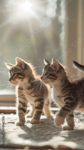 Two kittens strutting on a patterned carpet - Captivating image of two kittens walking on a patterned carpet with light casting enchanting shadows © Mickey