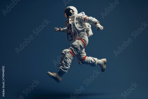 a human wearing an astronaut suit and helm and equipment floating and jumping on a dark blue studio background © Romana