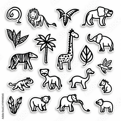 Jungle - Wildlife. Animals. Sticker Collection. Multiple. Vector Icon Illustration. Icon Concept Isolated Premium Vector. Line Art. © Lila Patel