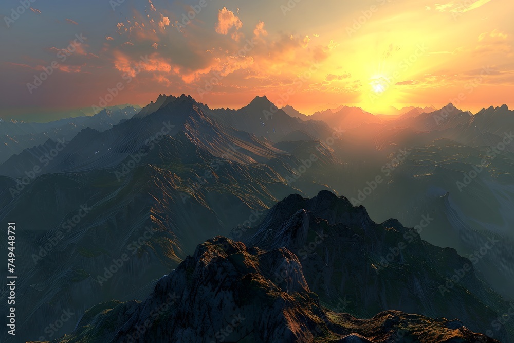 Capture the realistic beauty of a breathtaking sunrise casting its warm glow over a majestic mountain landscape.
