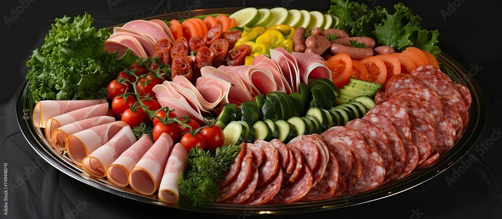 A variety of meats including salami, sliced ham, and sausage are arranged on a platter alongside fresh tomatoes, salad, and assorted vegetables, all displayed on a wooden table. A variety of meats including salami, sliced ham, and sausage are arranged on a platter alongside fresh tomatoes, salad, and assorted vegetables, all displayed on a wooden table.