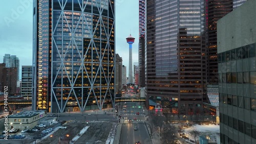 Aerial view of Calgary's skyline on a beautiful winter evening.
