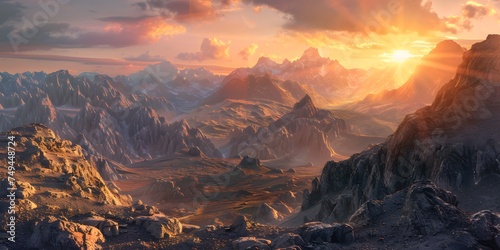Discover the breathtaking allure within a realistic depiction of a sunrise  as its warm glow paints a majestic mountain landscape with a palette of golden hues.