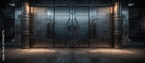 A dark room with two large steel double doors closed on either side and a bright light shining at the end  creating a stark contrast of light and shadow.