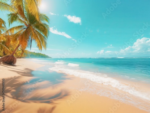 Serene tropical beach with golden sand  palm trees  and crystal-clear waters under a bright blue sky. Perfect for relaxation and travel themes
