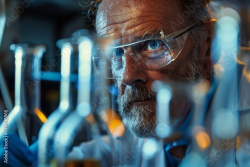 Scientist senior male researcher carrying out scientific research in a lab scientist engrossed in a laboratory experiment, surrounded by beakers and equipment, examining chemical,Portrait of confident