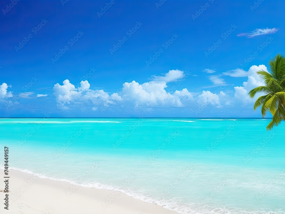 Beautiful tropical beach with turquoise ocean waves, blue skies, and white sand