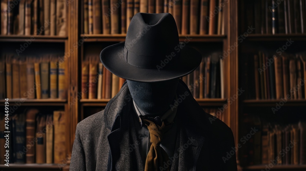 Mannequin in a coat, hat and tie in the library