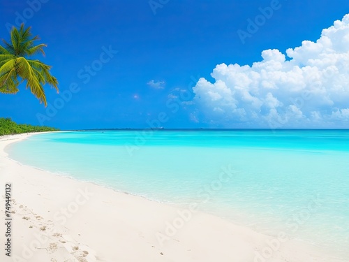 Beautiful tropical beach with turquoise ocean waves  blue skies  and white sand