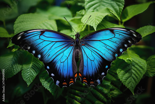 Beautiful stylized blue monarch butterfly on natural leaves environment, AI generated