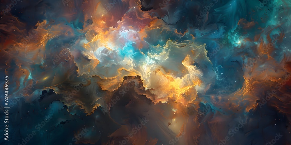 Discover the artistic brilliance within a breathtaking space illustration, as it unveils the enigmatic allure of an abstract space nebula in a cosmic display that mesmerizes the imagination. - obrazy, fototapety, plakaty 