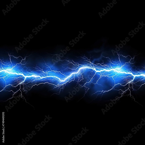 Un rayo de energía eléctrica horizontal. posotivos, negativos, tormenta elctrica, luz,  comienza poco a poco y se vuelve más intenso. Relámpago azul. Fondo negro photo