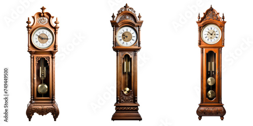 Tall antique grandfather clock isolated on transparent background.