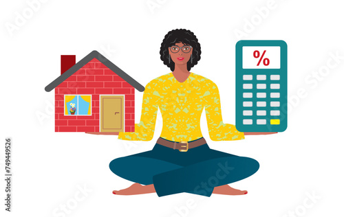 Woman with house and calculator. Economy and cost of living. Isolated. Vector illustration.
