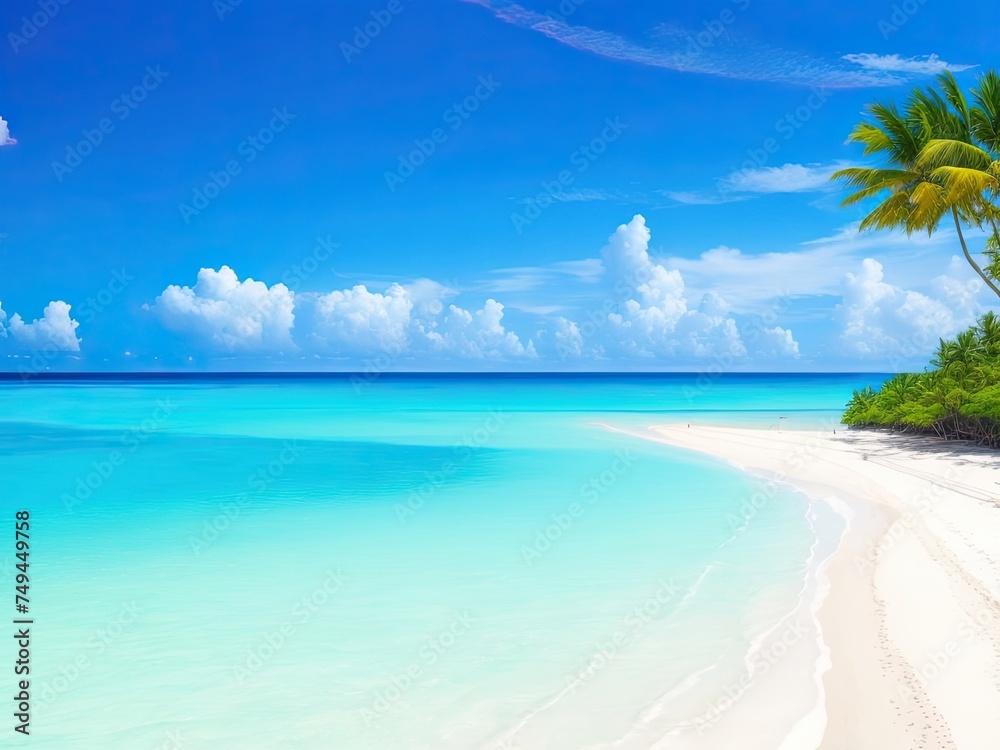 Fototapeta premium Beautiful tropical beach with turquoise ocean waves, blue skies, and white sand