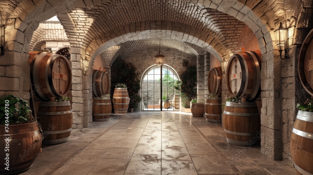 Winery, wine cellar with a few wine barrels in the cellar, juice made from wine. Generative ai.