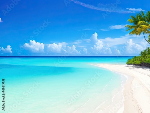 Beautiful tropical beach with turquoise ocean waves, blue skies, and white sand © REZAUL4513