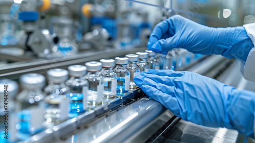 The staff checks medical vials on the production line in a pharmaceutical factory