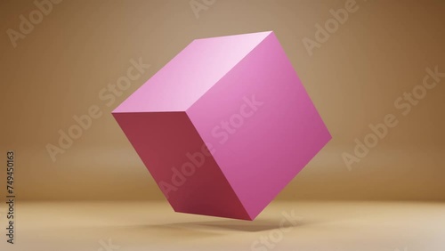 3D Rotating pink Cube on a yellow background. Animation motion graphics.