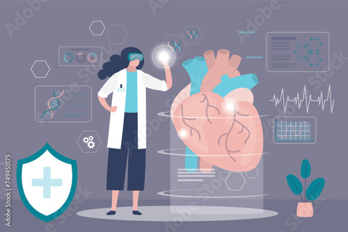 Futuristic scientist in VR headset. Woman doctor examination of circulatory system for diseases in virtual reality. Cardiologist or medical worker researching heart with digital glasses