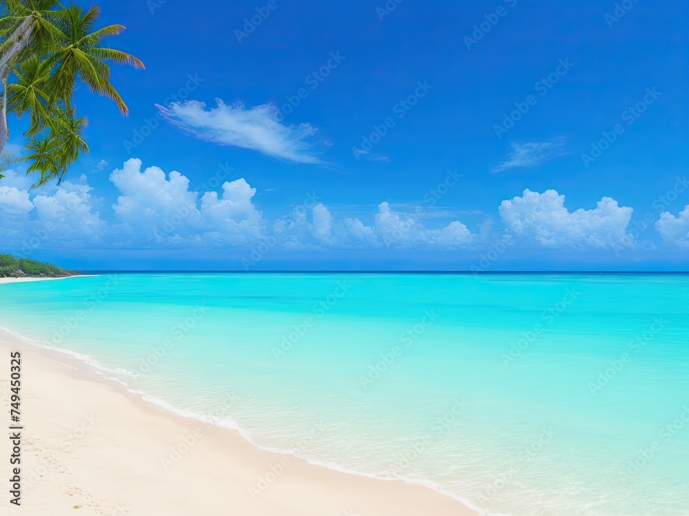 Beautiful tropical beach with turquoise ocean waves, blue skies, and white sand Beautiful tropical beach with turquoise ocean waves, blue skies, and white sand
