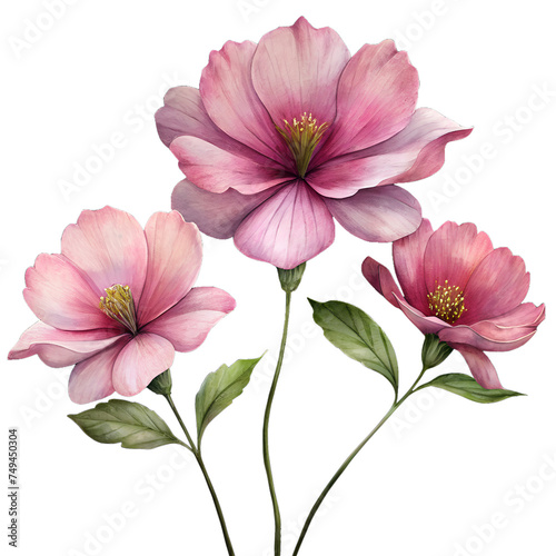 Three pink flowers on transparent background. Generative Ai